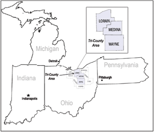Figure 1 Lorain, Medina, and Wayne Counties, the Tri‐County Region, Northeast Ohio, USA