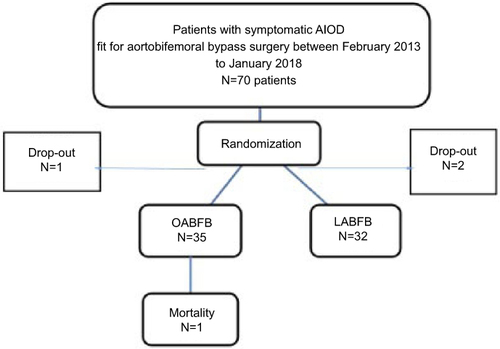 Figure 1 Flowchart for the patient population randomized for either open or laparoscopic aortobifemoral bypass for the treatment of TASC II type D lesions.