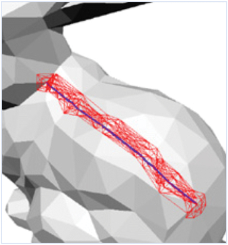 Figure 3. Excess a prior mesh splitting (the grids in red) for approximating the geodesic (the solid curve in blue) of graph-based methods, from Kanai and Suzuki (Citation2001). Because there is no exact information for reference, the geodesic is searched and approximated from the excess paths. More delicate pre-computations for graph-based geodesics are referred to Ying, Wang, and He (Citation2013) and Xin et al. (Citation2018).