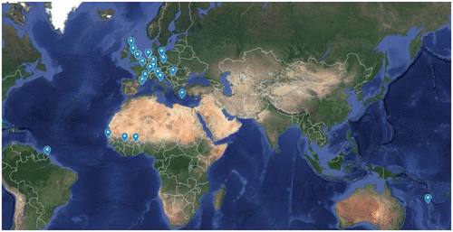 Figure 1. Geographic sites of the 24 Infravec2 partner institutes located in Europe, South America, Africa, and the South Pacific are indicated by blue pins. The complete Infravec2 partner list and contact information is available online (https://infravec2.eu/partners/; Map data, Google).