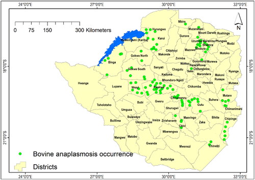 Figure 2. Bovine anaplasmosis occurrence in Zimbabwe from 2010 to 2011.