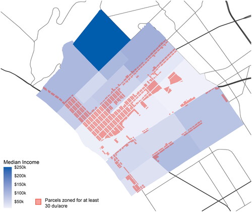 Figure 3. Santa Monica multifamily zoning and tract median household incomes. Sources: Authors; City of Santa Monica, Citationn.d.; U.S. Census Bureau, Citation2019.