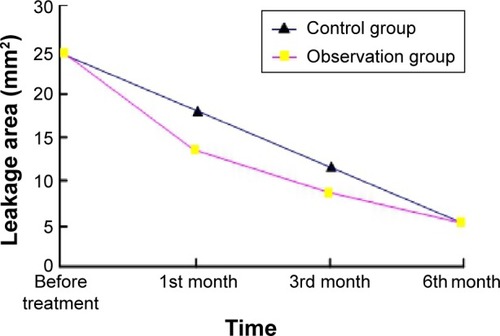 Figure 2 Changes of leakage area of RNV in the observation group and the control group at different time points.