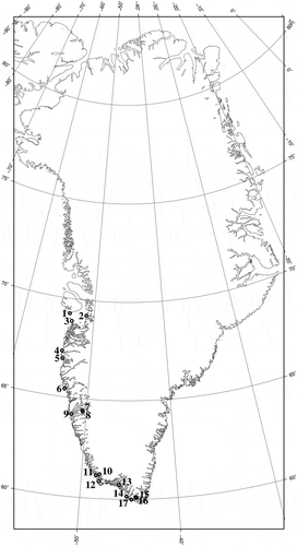Fig. 1. Map of collecting locations on the west coast of Greenland. 1. Isungua, 2. Ilulissat, 3. Hunde Ejlande, 4. Kumikume, 5. Sisimiut, 6. Maniitsoq, 7. Sulugssugut, 8. Eqalugialik, 9. Nuuk, 10. Kangilinnguit, 11. Arsuk, 12. Asanguit, 13. Qaqortoq, 14. Nanortalik, 15. Anorliuitsup qeqertaa, 16. Umigssat qeqertai, 17. Ikigaat.