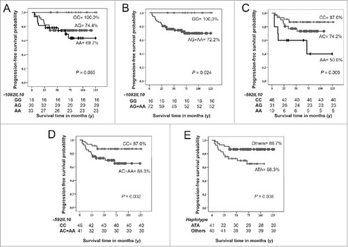 Figure 2. Kaplan-Meier curves for progression-free survival (PFS) of pediatric classical Hodgkin lymphoma according to evaluated IL10 promoter polymorphisms. (A) PFS according to IL10 −1082A>G genotypes; (B) PFS comparing −1082GG vs. AG+AA genotype carriers; (C) PFS according to IL10 −592C>A genotypes; (D) PFS comparing −592CC vs. AC+AA genotype carriers; (E) PFS of ATA haplotype carriers vs. others haplotypes. P< 0.05 significant statistical association (log-rank test).