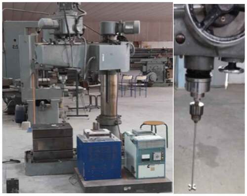 Figure 3. SEIWA MG-915 radial drill setup with stirrers and an electrical inducing furnace for melting.