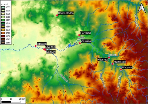 Figure 3. Map of the Modder River valley, showing the location of the sites mentioned in the text. Source: United States Geological Survey. Source: Shuttle Radar Topography Mission 1-arc second Global, National Geospatial-Intelligence Agency (NGA), USGS Earth Resources Observation and Science (EROS), retrieved from NASA Earthdata.