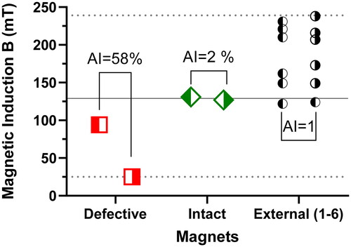 Figure 1. Magnetic induction of different magnets: internal defective (left), internal intact (center) and external magnets nos. 1–6 (right). For each magnet, both poles and the percentage asymmetry (AI) are depicted. mT: milliTesla.