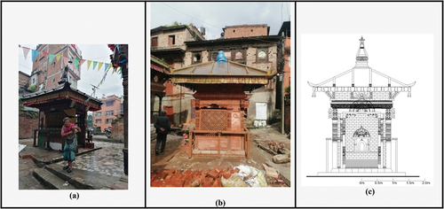 Figure 3. Picture showing different reconstruction phases of conservation (a) Before the earthquake, (b) after the earthquake construction phase, and (c) Propose Temple after damage by earthquake.