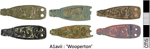 Figure 6. Examples of A1avii ‘Wooperton’ strap-ends (left to right): YORYM-02377C; YORYM-AB5949; YORYM-B1D77B; YORYM-D23B76; YORYM-C82494; NLM-5A69C5.