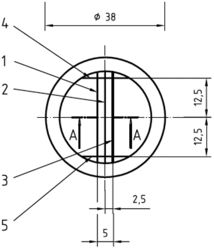 Figure 2. Superior view of the block test. Lines 1 and 2 have a width of 50 and 20 microns, respectively. Lines 3, 4 and 5 have a width of 75.