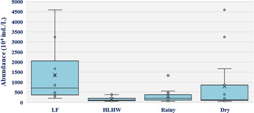Figure 2. Spatial and temporal variation of total phytoplankton abundance in each wetland and hydrological period during the study period (LF: Longfeng wetland, HLWH: Hulanhe wetland).