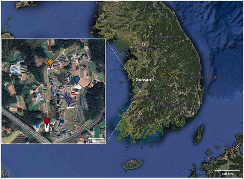Figure 1. Geographic distribution of Pseudoperonospora cubensis specimens collected on oriental pickling melon (Cucumis melo var. conomon) in Korea. The four plots where P. cubensis specimens were collected are marked on Google Earth map with different colored circles; red for plot 1, blue for plot 2, purple for plot 3, and yellow for plot 4.