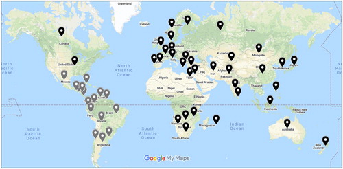 Figure 1. The distribution of countries with experts who took part in the survey. Latin American countries in pale grey. Annotated Google My Maps image.