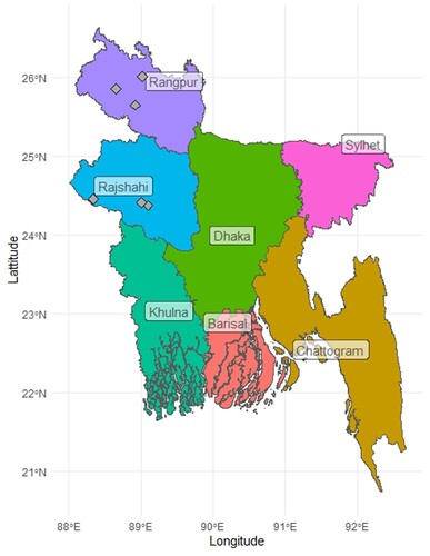 Figure 1. Map showing the towns nearest the study Hubs in Bangladesh chosen for inclusion in this study (grey diamonds). The background map was sourced from Ashiq Citation2020.