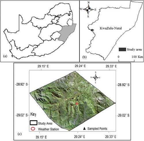 Figure 1. The location of the study area: (a) in KwaZulu-Natal Province, South Africa and (b) its overview from Sentinel 2 natural band composition (bands 4, 3 and 2), the spatial distribution of the sampled points and the location of a weather station, from which some of the data used were recorded.