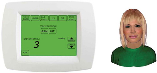 Figure 2. Screenshot of the simulated thermostat interface (left) and artificial agent Kim (right) as used in Study 2.