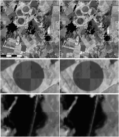 Figure 8. A 30 m ‘chessboard’ composed of alternating Landsat-8 (acquired on 20-Dec-2015) and Sentinel-2A (24-Dec-2015) images before (left panel) and after co-registration (right panel). Near-infrared images from band 5 (Landsat-8) and band 8 (Sentinel-2A) were used to produce these ‘chessboard’. TOA reflectance values were scaled from 0.05 to 0.55. This subset covers the area in the south-east part of the tile 20HNH over Argentina (Figure 1(A)). Misregistrations between satellite images can be seen in the irrigated fields (circles, middle left image) and in the bridge over the lake (bottom left image) with corrections applied and misregistration disappearing in the right images (middle and bottom). Middle and bottom subset images are shown in corresponding boxes on the top images.