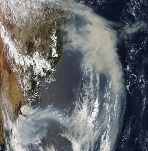 Figure 3. MODIS imagery showing hot spots and smoke plumes affecting Sydney (see bottom left corner of image).