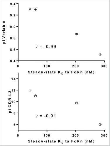 Figure 9. Higher pI values of CDR-L3 correlates with higher affinity to FcRn. Plotting the steady-state KD vs. pI of variable regions and CDR-L3 for a subset of IgG molecules from panel 5 that differ by only one amino acid residue in CDR-L3 (mAb-25, 26, 27, 38 and 42) demonstrated a strong correlation between higher pI value and higher affinity to FcRn for variable regions (r =−0.99) and CDR-L3 (r =−0.91).