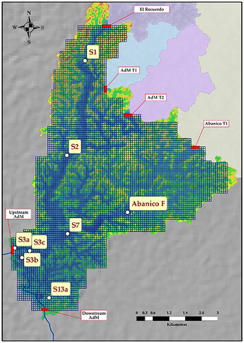 Figure 11. Abras de Mantequilla wetland grid; boundary conditions (red lines): Upstream AdM (Nuevo river: main inflow to the wetland); Upper Chojampe (El Recuerdo, AdM T1, AdM T2, Abanico T1); Downstream AdM (wetland outflow). Observation points (white dots), located at upper (S1), middle (S2, Abanico F), low (S7, S3c) wetland areas. Source: (Galecio Citation2013).