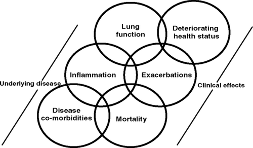 Figure 1 Hypothetical model: associations between the underlying disease and clinical manifestations in COPD.