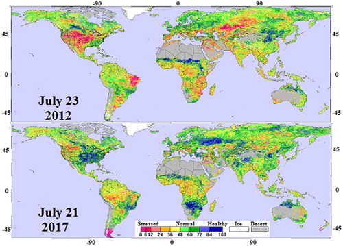 Figure 1. Vegetation Health Index in summer (week 28, end of July) 2012 and 2017 (NOAA/NESDISCitation2017).