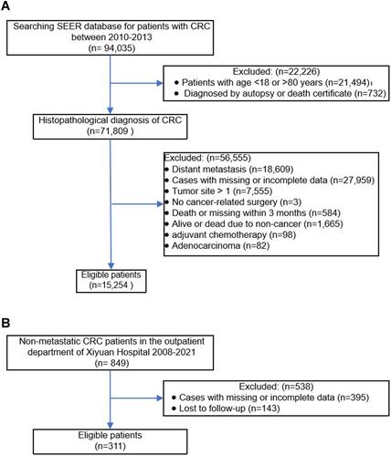 Figure 2 (A) Flow chart of included patients (SEER database). (B) Flow chart of included patients (Xiyuan Hospital in Beijing, China).