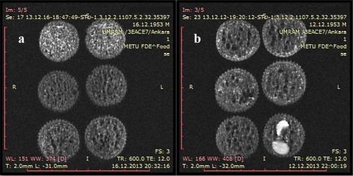 Figure 4. Water suppression SE images of cakes with different formulations. (a) Cakes with different oil content. Top: High oil cake, middle: Low oil cake, bottom: Control cake. (b) Cakes with peanut/raisin. Top: Control cake, middle: Raisin cake, bottom: Peanut cake. *Cakes in the same row are replicates.