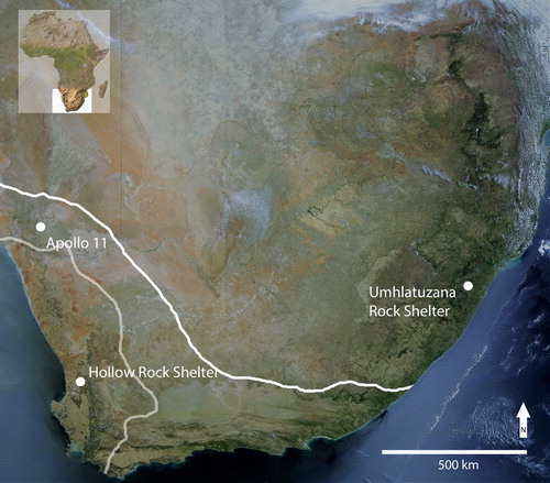 Figure 1. Map of southern Africa showing the location of Apollo 11, Hollow Rock Shelter and Umhlatuzana. Current rainfall zones (from Chase and Meadows 2007: 104, Figure 1) are marked with light grey and white lines. East and north of the white line is the summer rainfall zone. West of the light grey line is the winter rainfall zone. Between the lines is the year-round rainfall zone. The background map is a composite satellite image of South Africa in November 2002 (https://commons.wikimedia.org/w/index.php?title=File:Composite_satellite_image_of_South_Africa_in_November_2002.jpg&oldid=107710174, consulted 12 June 2017).