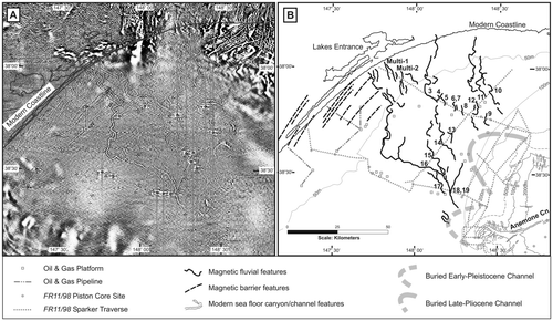 Figure 3 (a) Airborne magnetic imagery of the Gippsland Basin showing buried magnetic fluvial channels and magnetic barrier features identified by Holdgate et al. (Citation2003). Image processed by the Geological Society of Victoria. Light pixels equate to high magnetic regions. (b) Simplified interpretation of airborne magnetic image, location of buried Plio-Pleistocene canyon heads, present-day canyon features and isobaths, and major petroleum platforms and pipelines. Numbers correspond with ‘seismic smudges’ identified on FR11/98 shallow seismic survey and match those labelled in Figures 5 and 6.