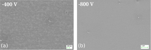 Figure 3. SEM micrographs of the Si surfaces obtained after F-MIE for (a) –400 V and (b) –800 V. The surface does not show crater formation like it does for samples of NF-MIE.