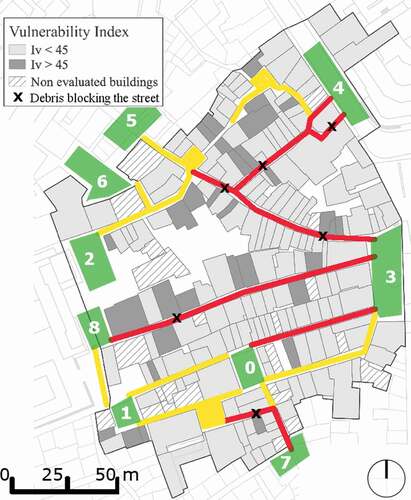 Figure 5. Streets debris evaluation for the current building vulnerability, by showing streets with >50% (red) and <50% (yellow) of the area occupied by debris. Streets blockage positions induced by debris are also shown by “X”. All the gathering areas are marginally occupied by debris (<10%).