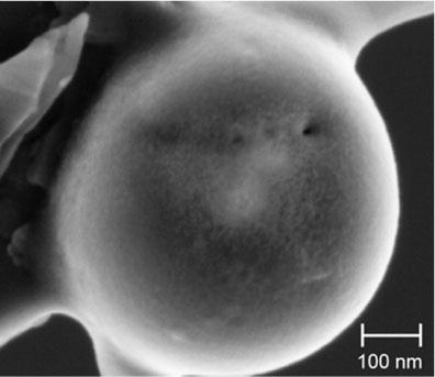 Fig. 6 A 610-nm nanosphere extracted from the dolomite decomposition experiment viewed in the FESEM used for this study to determine the collected grain compositions. The pores in this nanosphere are reminiscent of the outgassing pores in the largest sphere of porous aggregate particle (D08_031).