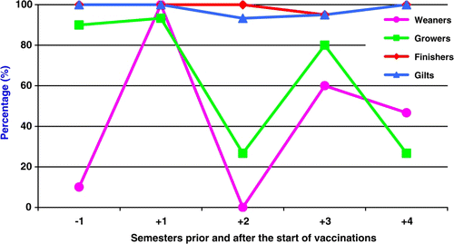Figure 1.  Percentage of PRRSV – infected non-vaccinated animals (PRRSV-specific antibody titres >1:40) per semester prior and after the start of vaccinations.