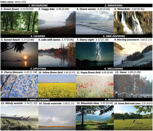 Figure 3. 16 videos representing 8 relaxing qualities of nature experiences. Image captures of the videos from Pexel.com. (Pexels.com). all videos can be found from supplementary materials.