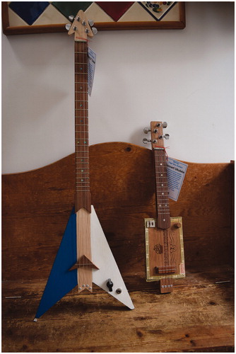 Figure 9 Nick’s “Flying V” and “standard” four-string cigar box guitars.