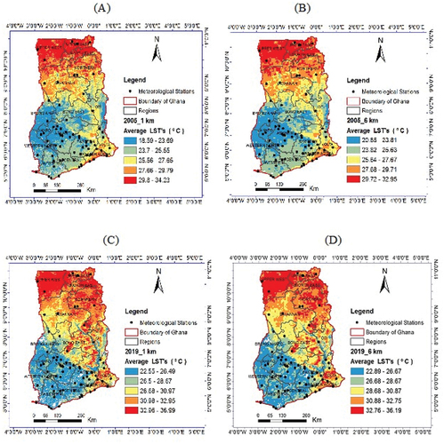 Figure 5. (A to D): the spatial distribution of mean LSTs in °C (2005 and 2019).