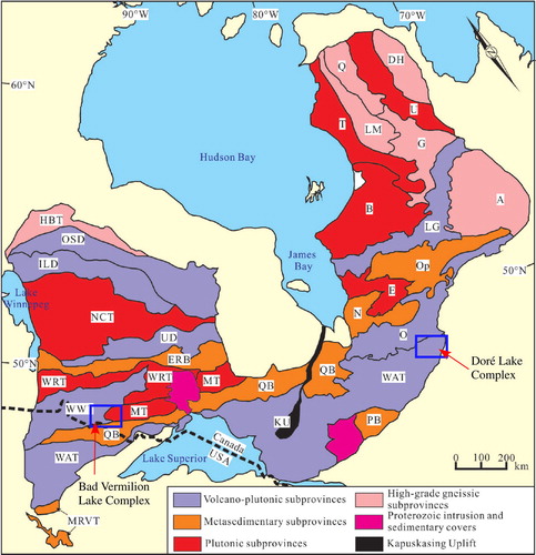Figure 2. (a) Simplified tectonic map of the Superior Province (modified from Percival et al., Citation2012). A: Ashuanipi; B: Bienville; DH: Douglas Harbour; E: Eastmain; ERB: English River Belt; G: Goudalie; HBT: Hudson Bay Terrane; ILD: Island Lake Domain; KU: Kapuskasing Uplift; LG: La Grande; LM: Lac Minto; MRVT: Minnesota River Valley Terrane; MT: Marmion Terrane; NCT: North Caribou Terrane; O: Opatica; Op: Opinaca; OSD: Oxford-Stull Domain; PB: Pontiac Belt; Q: Qalluviartuuq; QB: Quetico Belt; T: Tikkerutuk; U: Utsalik; UD: Uchi Domain; WAT: Wawa-Abitibi Terrane; WRT: Winnipeg River Terrane; WWT: Western Wabigoon Terrane.