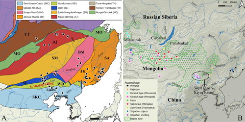 Figure 6. (A) Map showing major tectonic terranes in eastern Eurasia and occurrence of ore deposits from which lead isotope data were obtained, based on Nokleberg (Citation2010); and (B) map showing the distribution of sites with copper-based artifacts from which chemical and lead isotope data were collected.