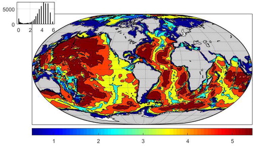 Fig. 1. Bathymetry of the model (km) at 1 km intervals. As the deep ocean influences the thermal structure with increasing duration, the complex geometry of the topography can be dominant in the physics dividing the ocean into a large number of regionally distinct places. Compare to Sverdrup et al. (Citation1942, Plate 1). Inset here and in other figures is a histogram of the plotted values.