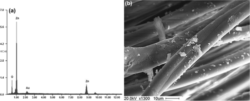 Figure 4. (a) EDS spectra (b) SEM image of ZnO nanocrystal-coated fabric.