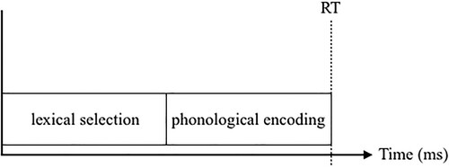 Figure 7. Schematic showing the relationship between lexical selection time and phonological encoding time on RT in the serial simulation. The dotted line represents the naming RT of a hypothetical response. The blocks labelled lexical selection and phonological encoding represent the durations of each process for that response. This simulation approximates a strict serial planning architecture in which phonological encoding does not start until after lexical selection is complete.