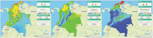 Figure 12. Available maps (from left to right): solar irradiance, temperature, and wind speed.