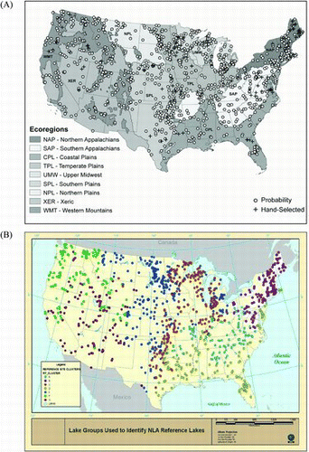 Figure 1 NLA lakes sampled in 2007, showing (A) 9 aggregated ecoregions and (B) multivariate classification of sample lake types used to screen least-disturbed lakes (see Table 1). Three major geoclimatic regions were defined as the Eastern Highlands (NAP + SAP), the Coastal Plains and Lowlands (CPL + NPL + SPL + TPL + UMW), and the West (WMT + XER).