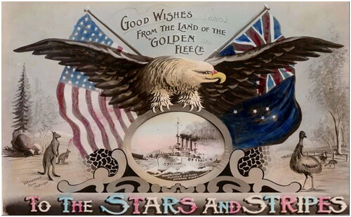 Figure 2. Postcard welcoming the Great White Fleet in 1908. Good Wishes from the Land of the Golden Fleece to the Stars and Stripes, ca. 1908. G. Wensemius. Australian National Maritime Museum, 0003810. https://collections.sea.museum/en/objects/45175.