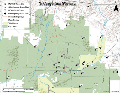 Figure 1. Map of the metropolitan Phoenix area including O3 and PM10 monitoring stations for MCAQD (labeled) and other area agencies. Note that some site locations contain monitoring stations for both O3 and PM10.