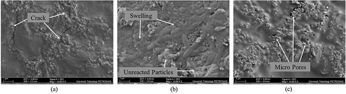 Figure 12. SEM micrograph after wet environment test simulation showing (a) several cracks occurred on the coating surface for alkyd, (b) swelling and unreacted particles on GPHC26 coating surface and (c) micro pores on the GPCH29 coating surface.