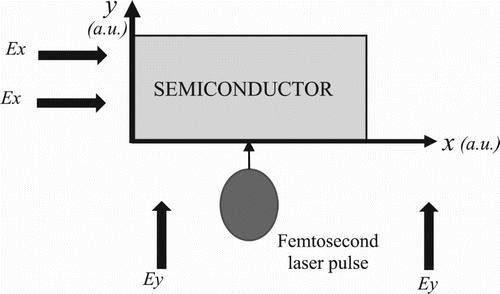 Figure 1. Setup for computer simulation of the femtosecond pulse interaction with a semiconductor. Ex, Ey – external electric field strength (x, y are dimensionless spatial coordinates).