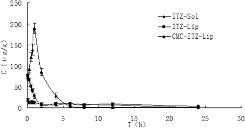 Figure 8.  The distribution of mice lung tissues at different time points after the intravenous administration of ITZ-Sol, ITZ-Lip, and CMC-ITZ-Lip (n = 5).